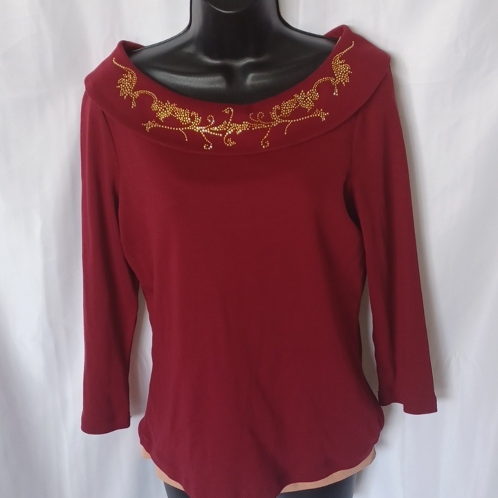 Rafaella M cowl neck burgundy cotton tee with stud decoration, 18” PTP, 22” L